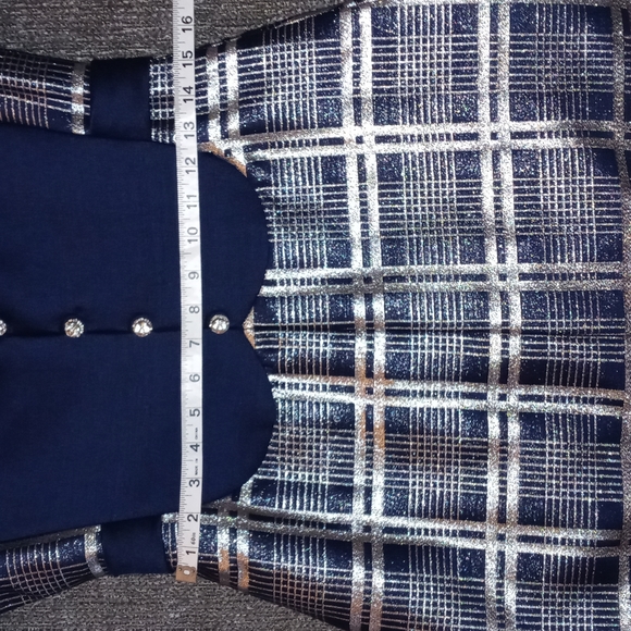 💙VTG 1960s Oscar de la Renta💙 - Navy Silk & Silver Metallic Plaid Mod D - Picture 15 of 16